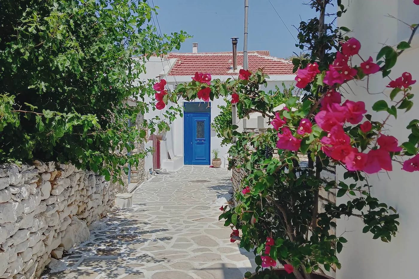 Bougainvillean koristama kuja Naxoksella