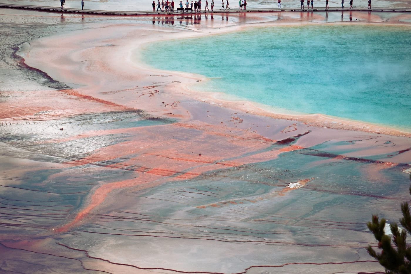 Ilmakuva Grand Prismatic Springistä ja kävelysilloista