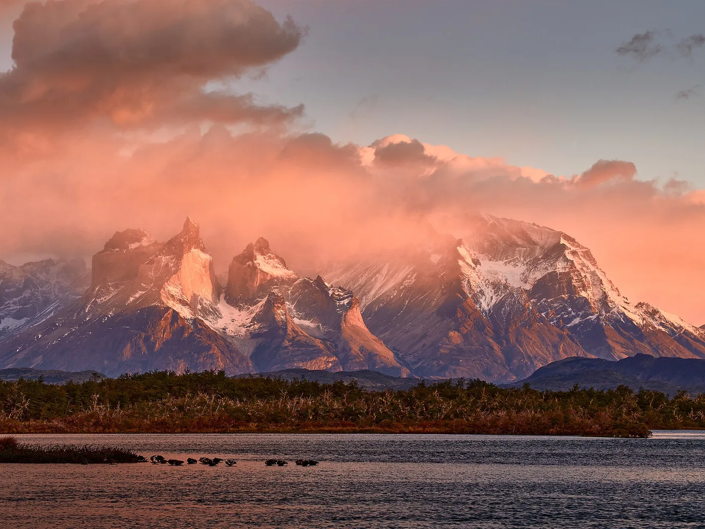 Cuernos del Paine auringonnousussa